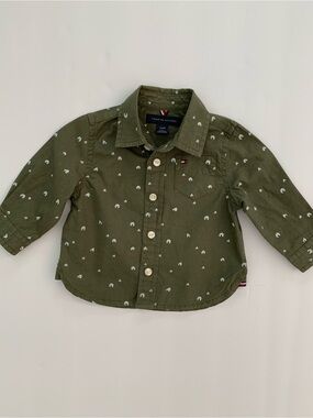 Tommy Hilfiger 3-6M Olive Green Button-Down Shirt with Mini Print